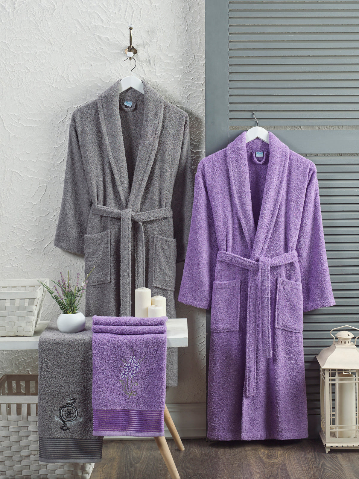 Berry - 4'lü Baş Havlulu Antrasit Lavanta Bornoz Aile Seti