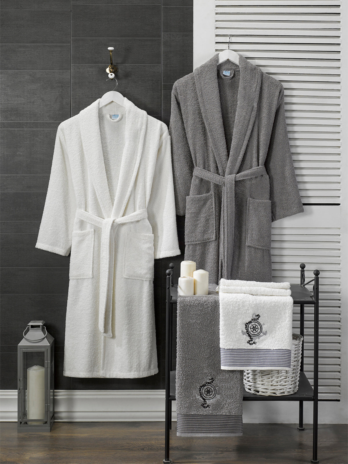 Berry - 4'lü Baş Havlulu Antrasit KREM(DÜMEN) Bornoz Aile Seti