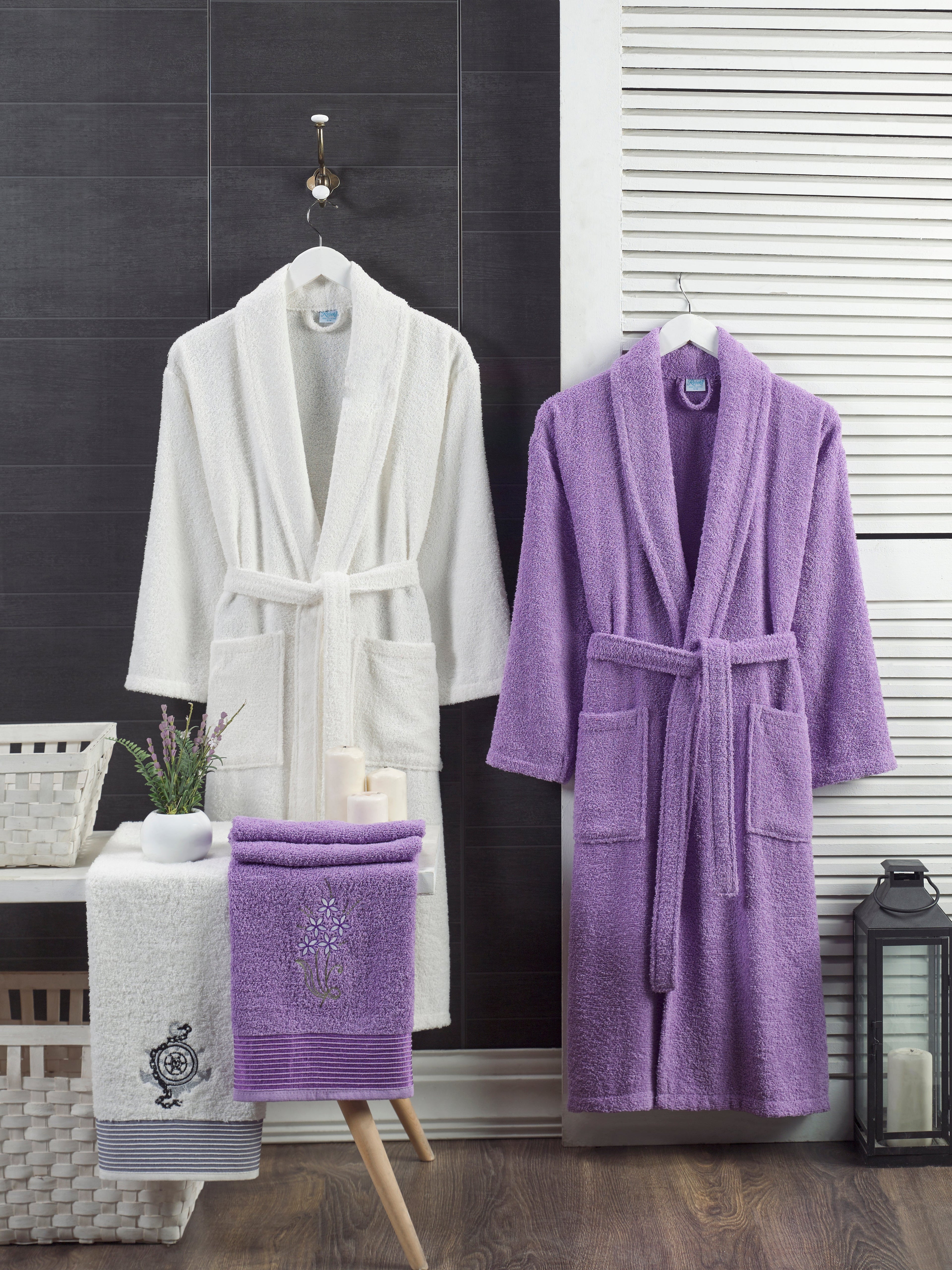 Berry - 4'lü Baş Havlulu Lavanta -KREM(DÜMEN) Bornoz Aile Seti