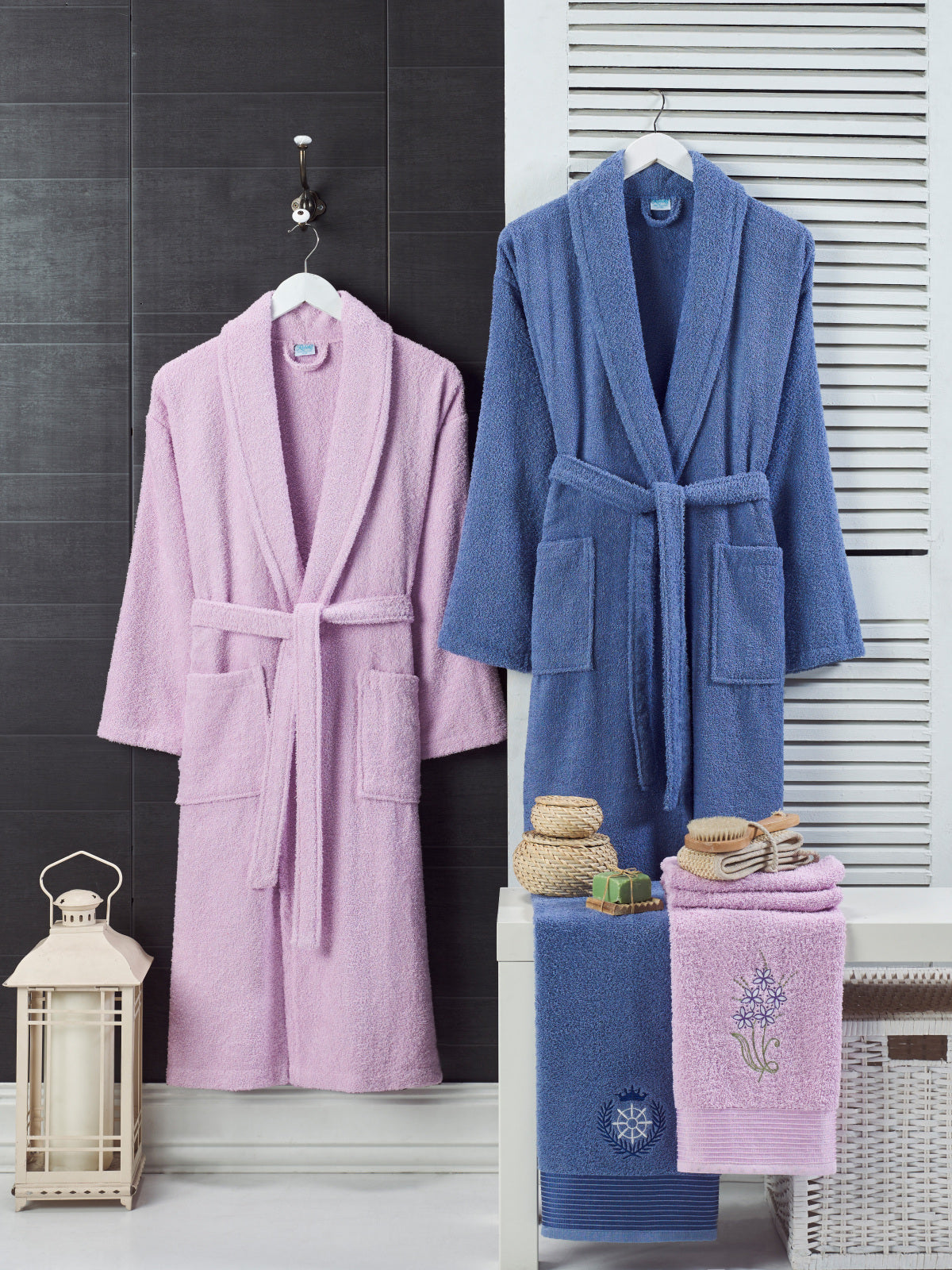 Berry - 4'lü Baş Havlulu Leylak-Lacivert Bornoz Aile Seti