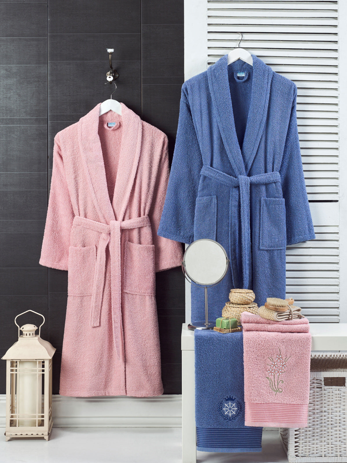 Berry - 4'lü Baş Havlulu Pudra-Lacivert Bornoz Aile Seti