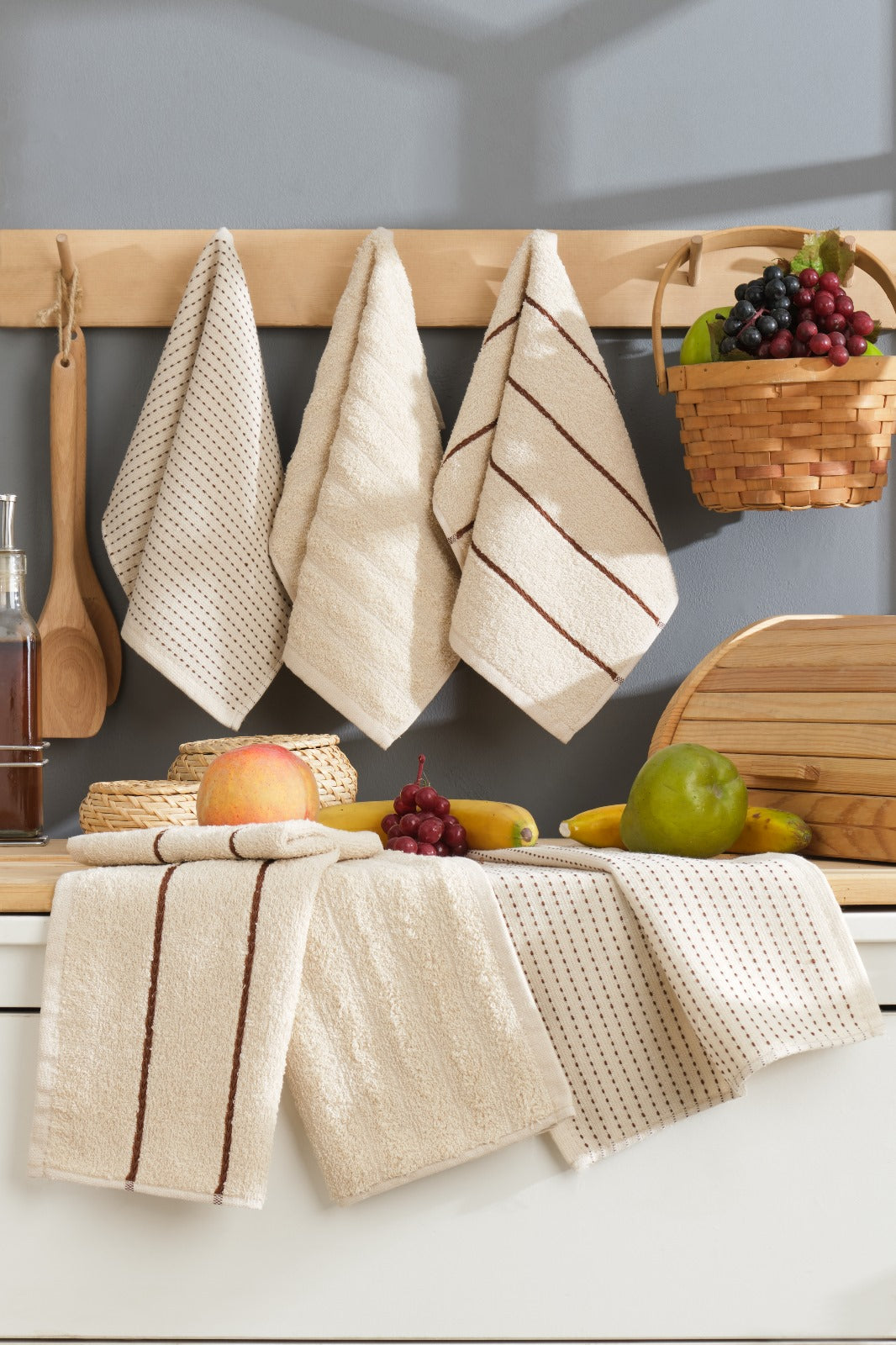 Laura - Sophia Bej 6'lı 30x50 Cm El Ve Yüz Havlu Seti Mutfak Havlusu