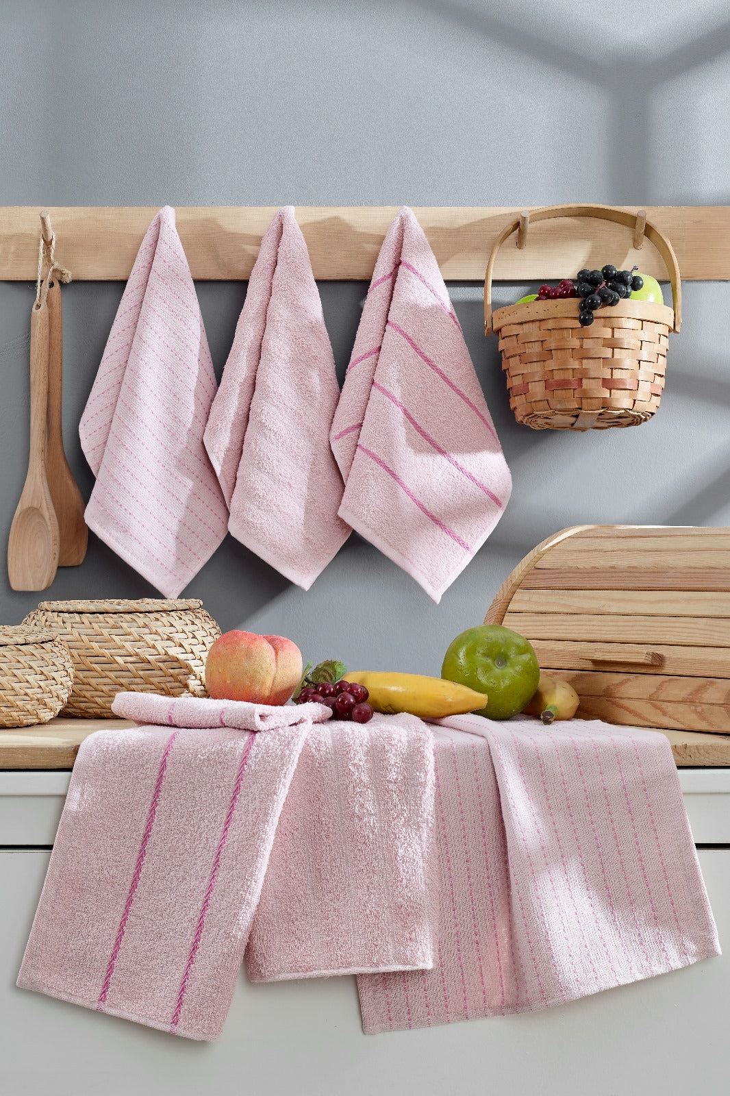 Laura - Sophia Pudra 6'lı 30x50 Cm El Ve Yüz Havlu Seti Mutfak Havlusu